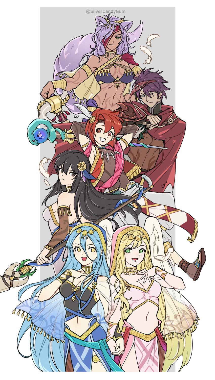 2boys 4girls absurdres animal_ears arms_behind_head azura_(fire_emblem) azura_(hatari)_(fire_emblem) black_hair blonde_hair blue_hair breasts cleavage dagger deen_(fire_emblem_gaiden) deen_(hatari)_(fire_emblem_gaiden) dress fire_emblem fire_emblem:_mystery_of_the_emblem fire_emblem:_path_of_radiance fire_emblem:_radiant_dawn fire_emblem:_the_blazing_blade fire_emblem_echoes:_shadows_of_valentia fire_emblem_heroes hair_ornament headband highres holding holding_dagger holding_hands holding_knife holding_polearm holding_staff holding_weapon hood karla_(fire_emblem) karla_(hatari)_(fire_emblem) knife leanne_(fire_emblem) leanne_(hatari)_(fire_emblem) looking_at_viewer medium_breasts multiple_boys multiple_girls nailah_(fire_emblem) nailah_(hatari)_(fire_emblem) nintendo official_alternate_costume one_eye_closed polearm scar scar_on_face silvercandy_gum smile staff tail weapon white_dress wing_hair_ornament wolf_ears wolf_girl wolf_tail xane_(fire_emblem) xane_(hatari)_(fire_emblem)