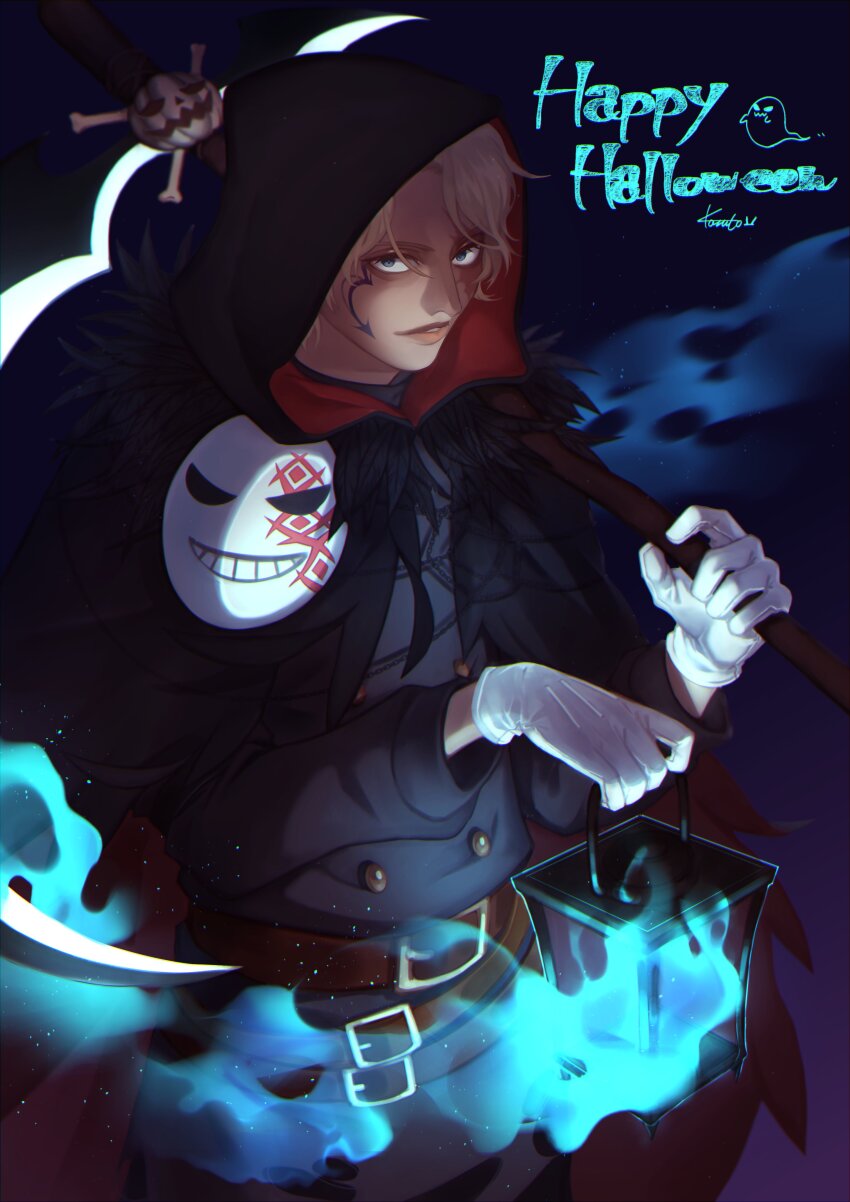 1boy absurdres belt blonde_hair blue_eyes gloves happy_halloween highres holding holding_lantern holding_scythe hood kazuto_(kazu_one_a) lantern looking_at_viewer male_focus mask one_piece sabo_(one_piece) scar scar_on_face scythe short_hair solo white_gloves