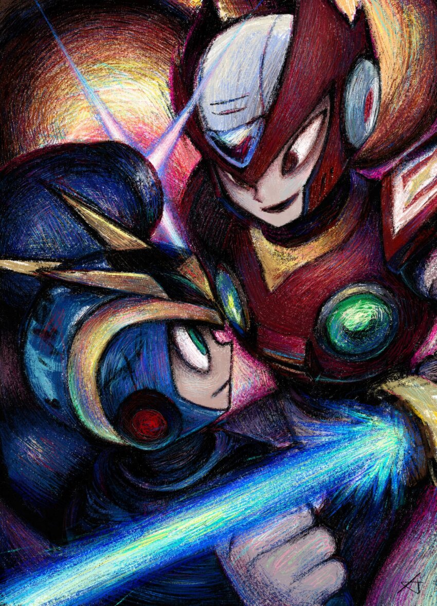 2boys android arm_cannon armor blue_armor blue_helmet chest_jewel energy_blade energy_blast energy_sword expressionless fake_horns fighting forehead_jewel gem gloves gold_trim green_eyes green_gemstone helmet highres horned_helmet horns karen_(karenoni1031) male_focus mega_man_(series) mega_man_zero_(series) mega_man_zero_2 multiple_boys no_ears open_mouth pale_skin powering_up red_armor red_helmet robot shoulder_armor sketch smile squinting sword ultimate_armor_x_(mega_man) weapon white_gloves white_helmet x_(mega_man) z_saber zero_(mega_man)