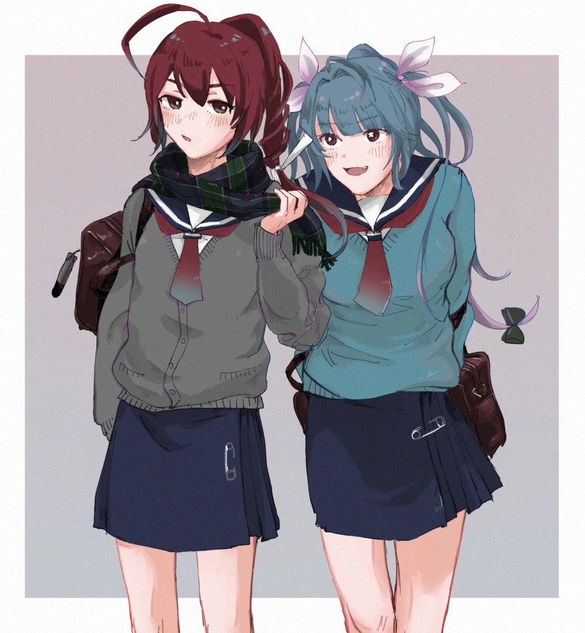 2girls alternate_costume arms_behind_back bag bag_charm blue_hair blue_sailor_collar blue_skirt blue_sweater breasts cardigan charm_(object) fang grey_cardigan hair_ribbon highres i-168_(kancolle) i-19_(kancolle) kantai_collection long_hair long_sleeves multicolored_hair multiple_girls neckerchief open_mouth parted_lips plaid_clothes plaid_scarf purple_hair red_eyes red_hair red_neckerchief ribbon safety_pin sailor_collar scarf simple_background skirt sweater white_ribbon zippo_teifujou