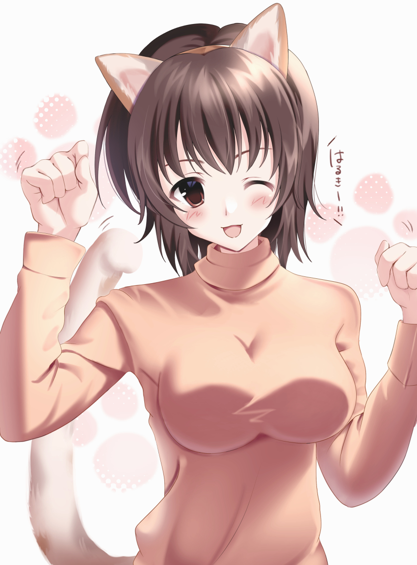 1girl :3 absurdres animal_ears breasts brown_eyes brown_hair cat_ears cat_tail fake_animal_ears fake_tail haruka_(haruk26a) highres impossible_clothes impossible_sweater izumi_chiaki large_breasts long_sleeves looking_at_viewer one_eye_closed open_mouth orange_sweater paw_pose short_hair simple_background smile solo standing sweater tail turtleneck turtleneck_sweater upper_body white_album_(series) white_album_2 white_background