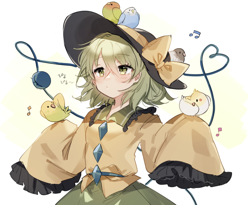 1girl :/ animal animal_on_arm animal_on_head bird bird_on_arm bird_on_head blush cropped_torso frilled_shirt_collar frilled_sleeves frills gem green_eyes green_hair green_skirt hair_between_eyes hat hat_ribbon heart heart_of_string highres komeiji_koishi long_sleeves musical_note on_head parakeet ribbon shirt short_hair skirt sleeves_past_wrists solo sorani_(kaeru0768) third_eye touhou wide_sleeves yellow_ribbon yellow_shirt