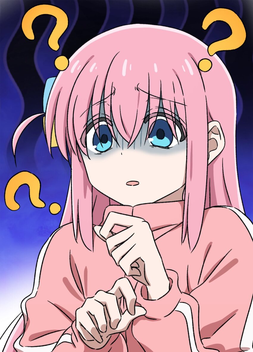 1girl ? ?? blue_background blue_eyes bocchi_the_rock! commentary_request confused cube_hair_ornament dot_nose gotoh_hitori hair_between_eyes hair_ornament hands_up highres jacket long_hair long_sleeves mayo_(oekaki_bibbi) one_side_up pink_hair pink_jacket raised_inner_eyebrows sidelocks solo track_jacket turn_pale upper_body