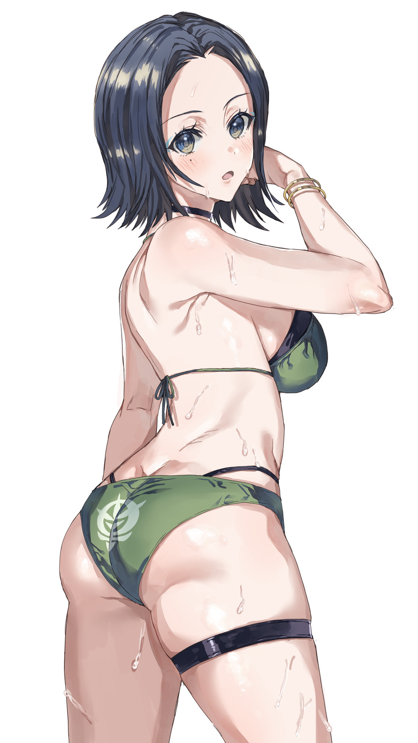1girl absurdres ass back bare_arms bare_shoulders bikini black_eyes black_hair blue_eyeshadow blush bracelet breasts butt_crack colored_eyelashes commentary_request comoli_harcourt cowboy_shot eno_yukimi eyeshadow from_behind green_bikini gundam gundam_gquuuuuux highres jewelry large_breasts looking_at_viewer looking_back makeup open_mouth revision short_hair simple_background solo standing string_bikini sweat swimsuit thigh_strap thighs wet white_background