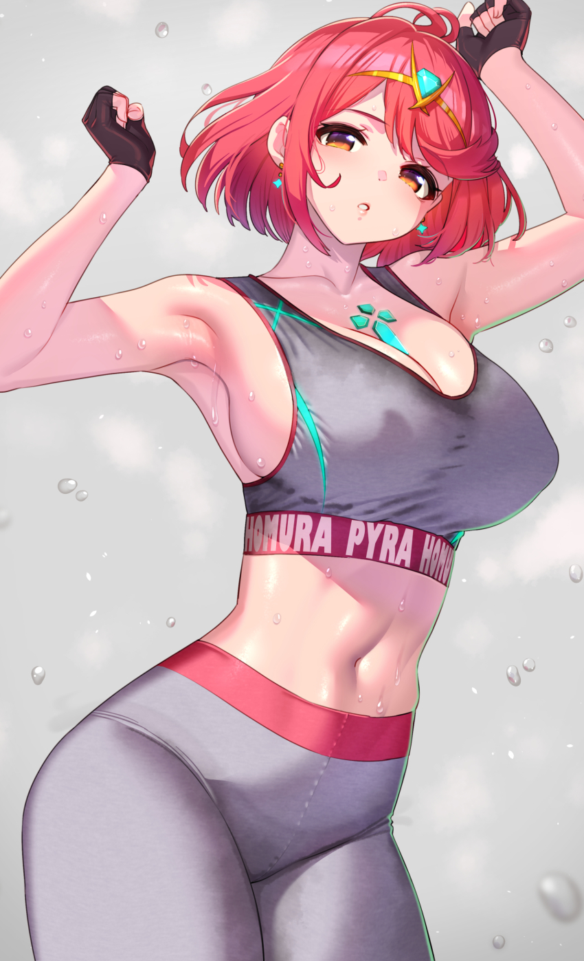 1girl absurdres bare_shoulders blush breasts chest_jewel cleavage collarbone earrings fingerless_gloves floating_earring gloves highres jewelry large_breasts looking_at_viewer navel pants pyra_(xenoblade) red_eyes red_hair santa_(sunflower) short_hair solo sports_bra swept_bangs thighs tiara xenoblade_chronicles_(series) xenoblade_chronicles_2 yoga_pants