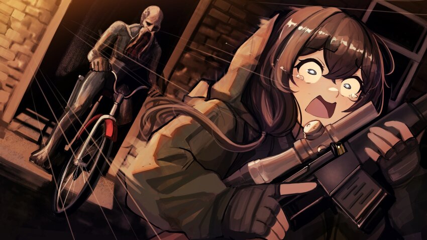 1boy 1girl arktic as_val assault_rifle bicycle black_hair bloodsucker blue_eyes constricted_pupils fleeing gloves gun highres holding holding_weapon hood hoodie jacket kalashnikov_rifle monster_boy octopus_boy riding riding_bicycle rifle scared sniper_rifle stalker_(game) tears tentacles vss_vintorez weapon wide-eyed