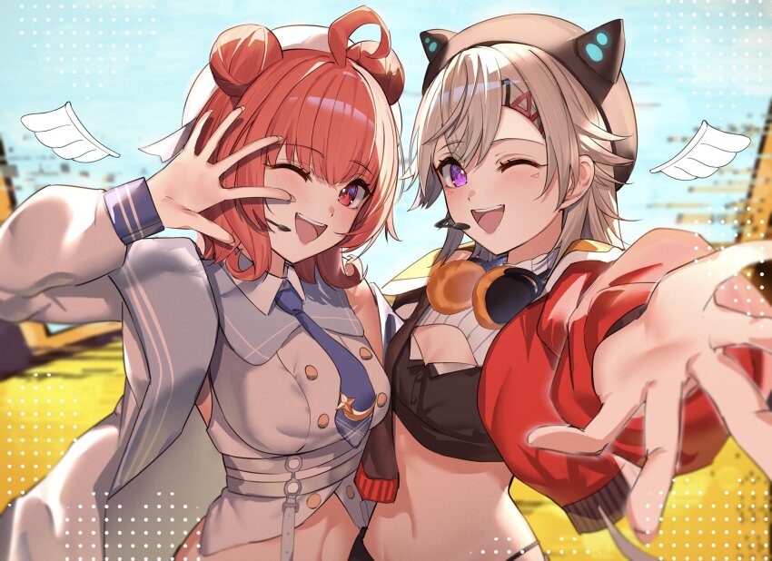 2girls ahoge animal_hat black_hat blonde_hair blue_necktie blush cat_hat cropped_jacket double_bun facial_mark hair_bun hair_ornament hairclip hat headphones headphones_around_neck headset highres jacket komori_met komori_met_(5th_costume) looking_at_viewer multiple_girls necktie one_eye_closed open_clothes open_jacket open_mouth purple_eyes red_eyes red_hair ringozeri shirt teeth upper_teeth_only virtual_youtuber vspo! white_hat white_wings wings yumeno_akari