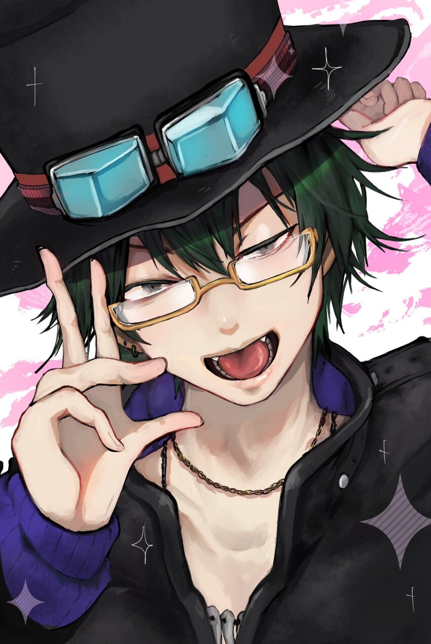 1boy black_hair glasses gnosia goggles green_hair hat highres jacket jewelry koyuuuuuuuuuuu long_sleeves looking_at_viewer male_focus navel necklace sha-ming shirt short_hair smile solo upper_body