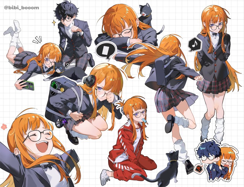 1boy 1girl ? absurdres ahoge amamiya_ren bag bibi_booom black-framed_eyewear black_cat black_eyes black_hair black_jacket black_skirt blunt_bangs blush bow bowtie breasts cat cellphone chibi closed_eyes glasses highres holding holding_phone jacket long_hair loose_socks morgana_(cat)_(persona_5) morgana_(persona_5) multiple_views open_clothes open_jacket open_mouth orange_hair pants persona persona_5 phone pleated_skirt red_jacket red_pants sakura_futaba school_uniform shirt shoulder_bag shuujin_academy_school_uniform simple_background skirt smartphone smile socks teeth upper_teeth_only white_shirt