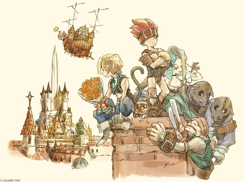 1girl 6+boys aircraft airship aqua_ribbon aqua_vest baku_(ff9) belt belt_buckle black_choker blank_(ff9) blonde_hair blue_headband blue_pants blue_wrist_cuffs bouquet breasts brown_belt brown_gloves buckle castle chef_hat choker cinna_(ff9) cleavage closed_mouth commentary copyright_notice covered_eyes crossed_arms english_commentary fang final_fantasy final_fantasy_ix flower gloves green_gloves grey_hair hat headband highres holding holding_bouquet in-universe_location itahana_toshiyuki marcus_(ff9) medium_breasts monkey_tail multiple_boys neck_ribbon nero_brothers official_art open_mouth pants pantyhose pointy_ears red_eyes red_hair ribbon ruby_(ff9) second-party_source shirt sitting standing stitched_face stitched_leg stitches tail tail_raised vest white_gloves white_pantyhose white_shirt wrist_cuffs zidane_tribal