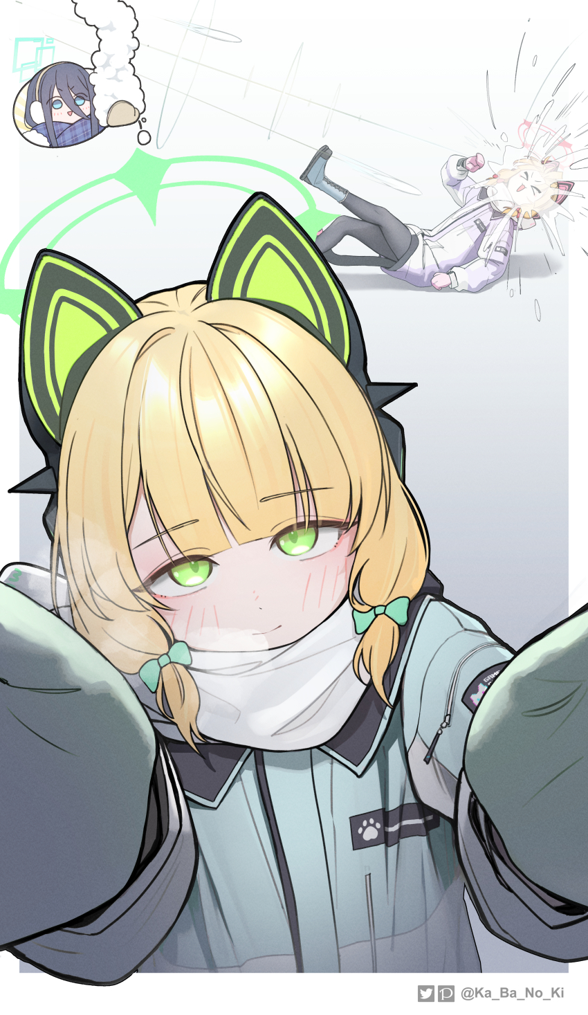 3girls absurdres animal_ears aris_(blue_archive) blonde_hair blue_archive coat fake_animal_ears gloves green_coat green_eyes grey_background halo highres kabanoki looking_at_viewer meme midori_(blue_archive) momoi_(blue_archive) multiple_girls pov_cheek_warming_(meme) scarf siblings sisters smile snowball snowball_fight solo_focus twins white_scarf