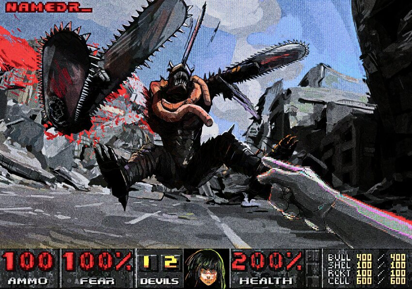 1boy 1girl absurdres artist_name black_hair blood blood_on_face blood_spray chainsaw chainsaw_devil chainsaw_man cloud cloudy_sky commentary doom_(series) duel english_text extra_arms fake_screenshot faux_traditional_media female_pov heads-up_display highres intestine_clothing intestines namedr outdoors parody pixel_art_inset pov pov_hands road ruins severed_arm severed_limb sharp_teeth sky street teeth user_interface