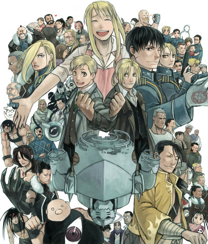 00s 6+boys 6+girls aged_up alex_louis_armstrong alexander_(fma) alphonse_elric arakawa_hiromu_(cow) armor bandages barry_the_chopper beard black_hayate blonde_hair blue_eyes bottle braid brown_hair buccaneer_(fma) character_request closed_eyes coat darius_(fma) dark_skin den_(fma) denny_broshe dog dr._knox edward_elric elicia_hughes envy_(fma) everyone facial_hair father_(fma) flask fu_(fma) fullmetal_alchemist glasses gloves glowing glowing_eyes gluttony_(fma) gracia_hughes greed_(fma) happy heart heinkel heinkel_(fma) heymans_breda highres horns ishval_elder izumi_curtis jean_havoc jerso_(fma) kain_fuery king_bradley lan_fan lieutenant_yoki ling_yao lips long_hair looking_at_viewer lust_(fma) maes_hughes maria_ross mask may_chang miles military military_uniform mrs._bradley mrs_bradley mukuo multicolored_hair multiple_boys multiple_girls multiple_persona mustache nina_tucker no_mouth olivier_mira_armstrong one_eye_closed open_mouth panda paninya_(fma) pinako pinako_rockbell pink_hair pride_(fma) red_eyes riza_hawkeye rose_thomas rose_tomas round-bottom_flask roy_mustang scar scar&#039;s_brother scar_(fma) scarf selim_bradley short_hair sig_curtis sloth_(fma) smile solf_j._kimblee spoilers tears tim_marcoh trisha_elric truth_(fma) van_hohenheim vato_falman weapon white_hair wink winry_rockbell wrath_(fma) xiao-mei yellow_eyes zampano_(fma)