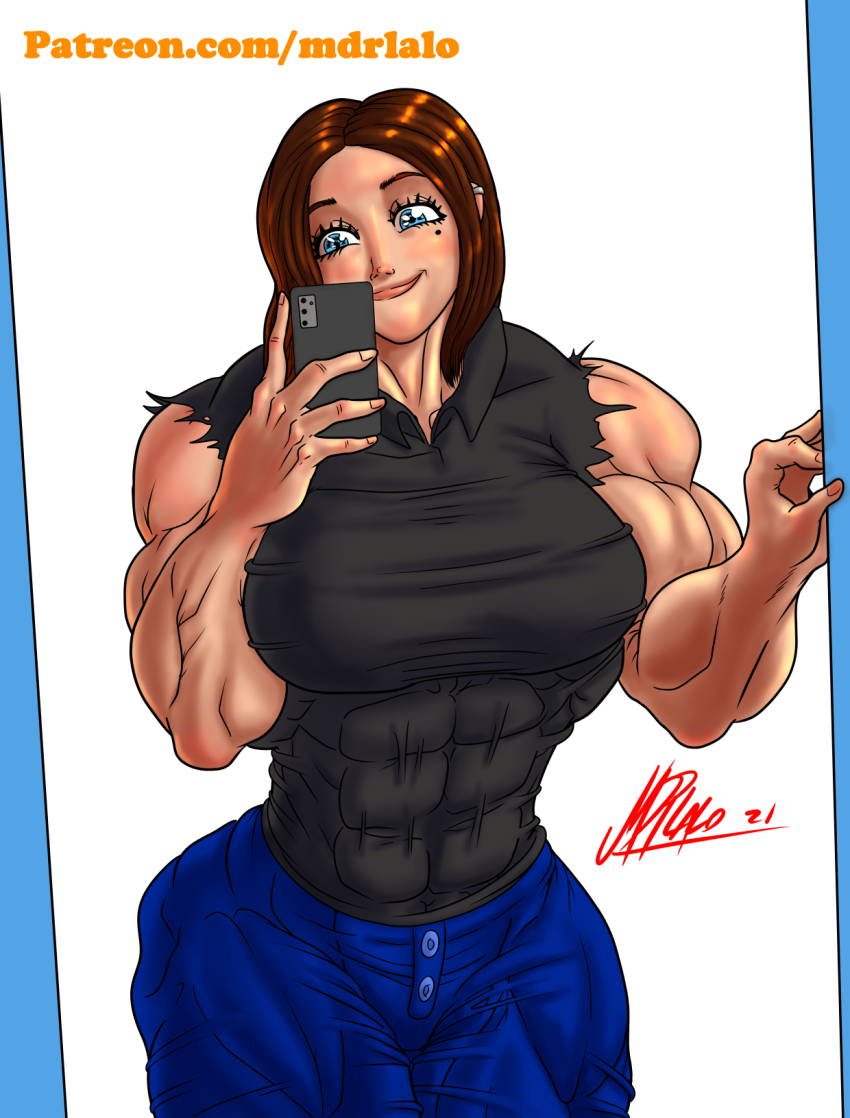 1girl abs alternate_muscle_size bare_arms biceps black_shirt blue_border blue_eyes blue_pants blush border breasts brown_hair buttons closed_mouth collared_shirt cowboy_shot denim eyelashes hand_on_wall highres holding holding_phone jeans large_breasts lips mole mole_under_eye muscular muscular_female neck nose open_collar pants phone samsung samsung_sam selfie shirt short_hair short_sleeves signature smile thick_thighs thighs tight_clothes torn_clothes torn_sleeves user_crrk4353 watermark web_address wide_hips