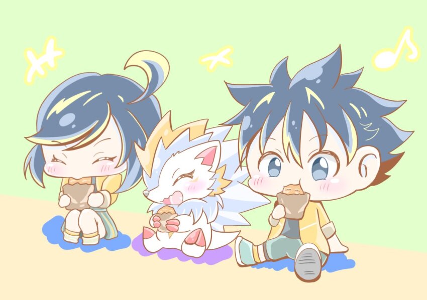 1boy 1girl blush digimon digimon_(creature) eating female_protagonist_(digimon_rearise) herissmon male_protagonist_(digimon_rearise) smile