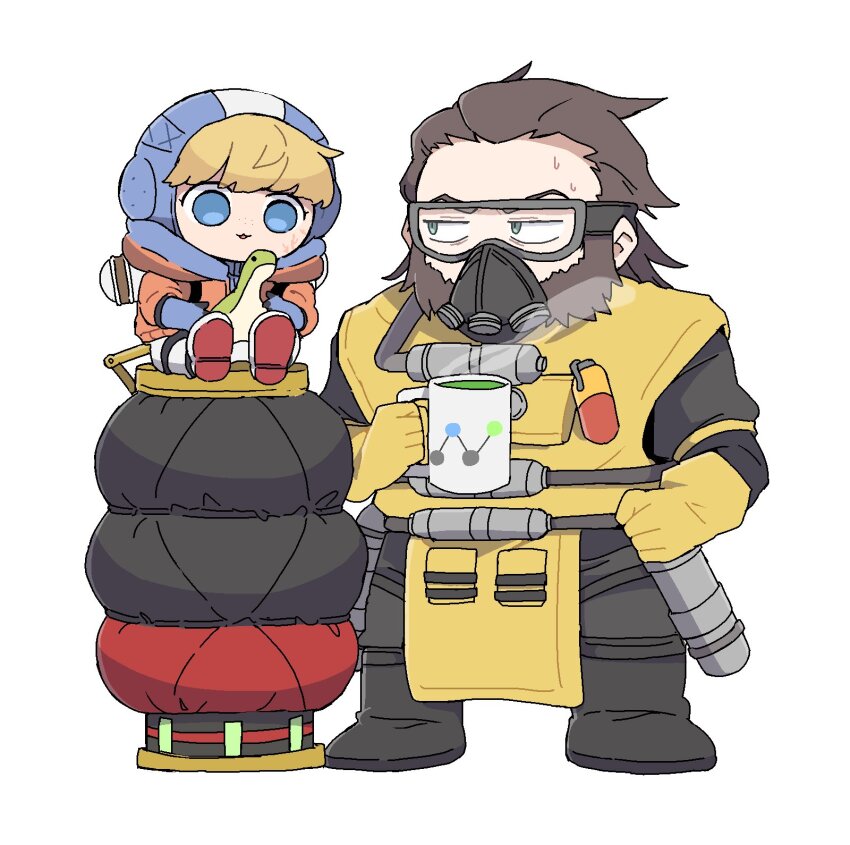 1boy 1girl animification apex_legends blonde_hair blue_bodysuit blue_eyes bodysuit brown_hair caustic_(apex_legends) chibi cup facial_scar gas_mask gloves hair_slicked_back hazmat_suit highres holding holding_cup holding_stuffed_toy hood hood_down hood_up hooded_jacket jacket looking_down looking_to_the_side mask mug nessie_(respawn) nojima_minami open_mouth orange_jacket ribbed_bodysuit scar scar_on_cheek scar_on_face sitting smile stuffed_toy wattson_(apex_legends) white_background white_bodysuit yellow_gloves