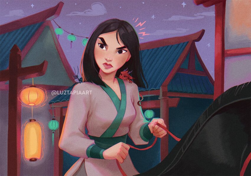 1girl asian black_hair brown_eyes chinese_clothes fa_mulan_(disney) hanfu horse lips looking_at_viewer luztapiaart makeup mulan_(movie) mushu_(disney) scene_reference short_hair