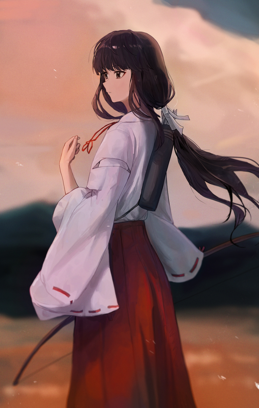 1girl absurdres back black_hair bow_(weapon) brown_eyes highres holding holding_bow_(weapon) holding_weapon inuyasha japanese_clothes jianjia kikyou_(inuyasha) kimono long_hair parted_lips red_skirt skirt solo weapon white_kimono