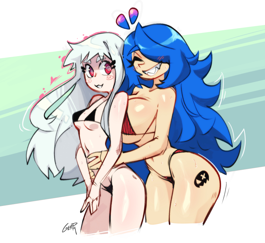 2girls ass bikini blue_hair blush breasts closed_eyes gerph highres huge_ass large_breasts long_hair multiple_girls original red_eyes simple_background skarpne skarpworld small_breasts smile sweat swimsuit tattoo white_hair wide_hips