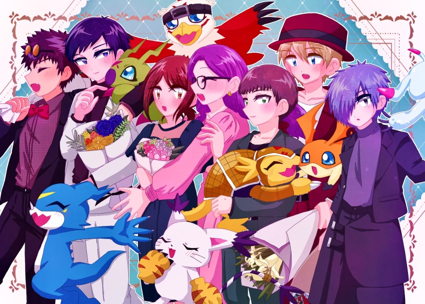 2girls 5boys armadillo armadimon bird bug cat digimon digimon_(creature) digimon_adventure_02 digimon_adventure_02:_the_beginning glasses hawkmon hida_iori highres ichijouji_ken inoue_miyako long_hair motomiya_daisuke multiple_boys multiple_girls orange_eyes owada_rui patamon pink_hair tailmon takaishi_takeru ukkomon v-mon wings wormmon yagami_hikari