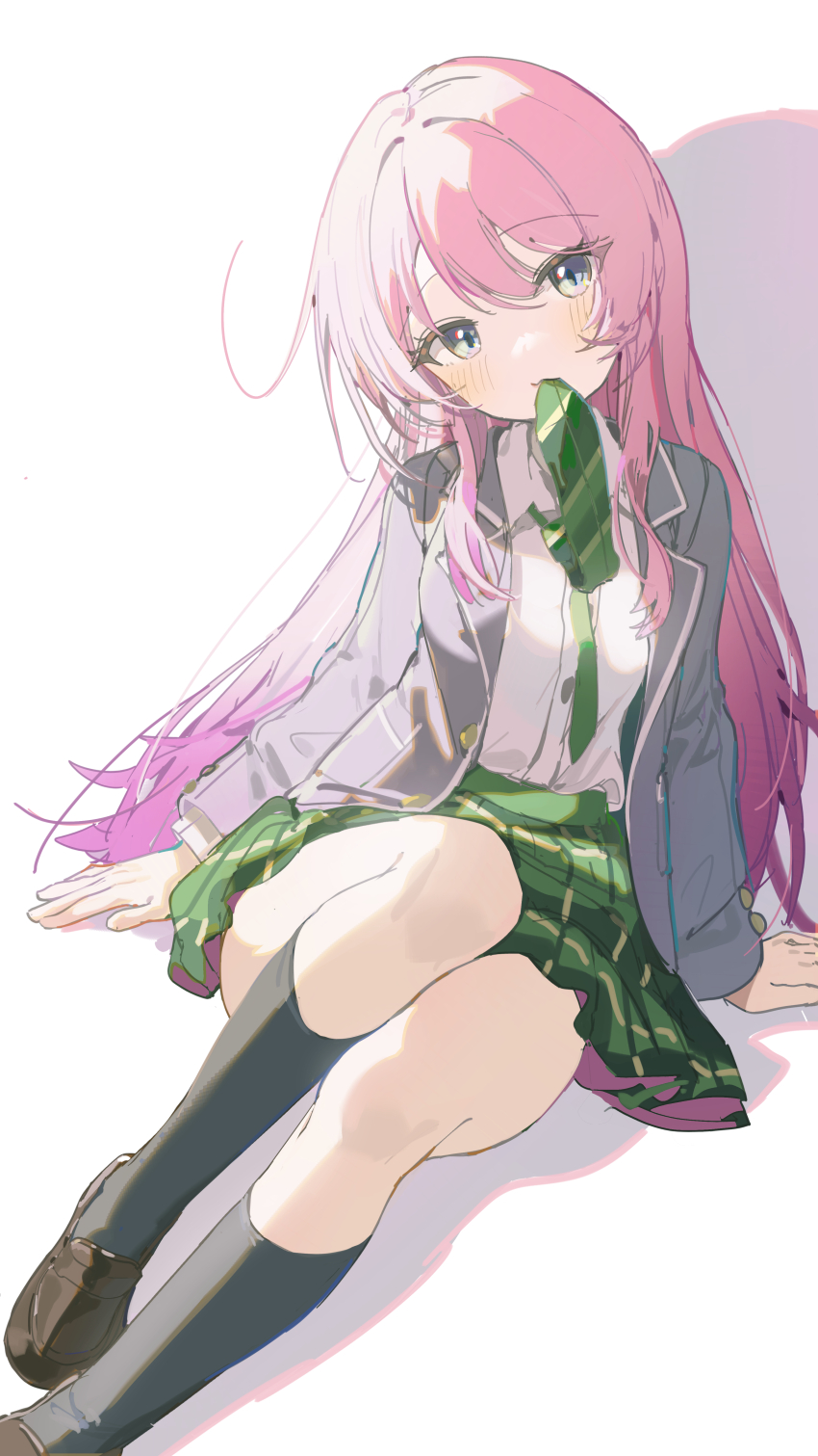 1girl absurdres bang_dream! bang_dream!_it&#039;s_mygo!!!!! black_socks brown_shoes chihaya_anon coria green_necktie grey_jacket highres jacket kneehighs loafers long_hair long_sleeves looking_at_viewer mouth_hold necktie open_clothes open_jacket pink_hair school_uniform shadow shirt shoes simple_background sitting socks solo white_background white_shirt
