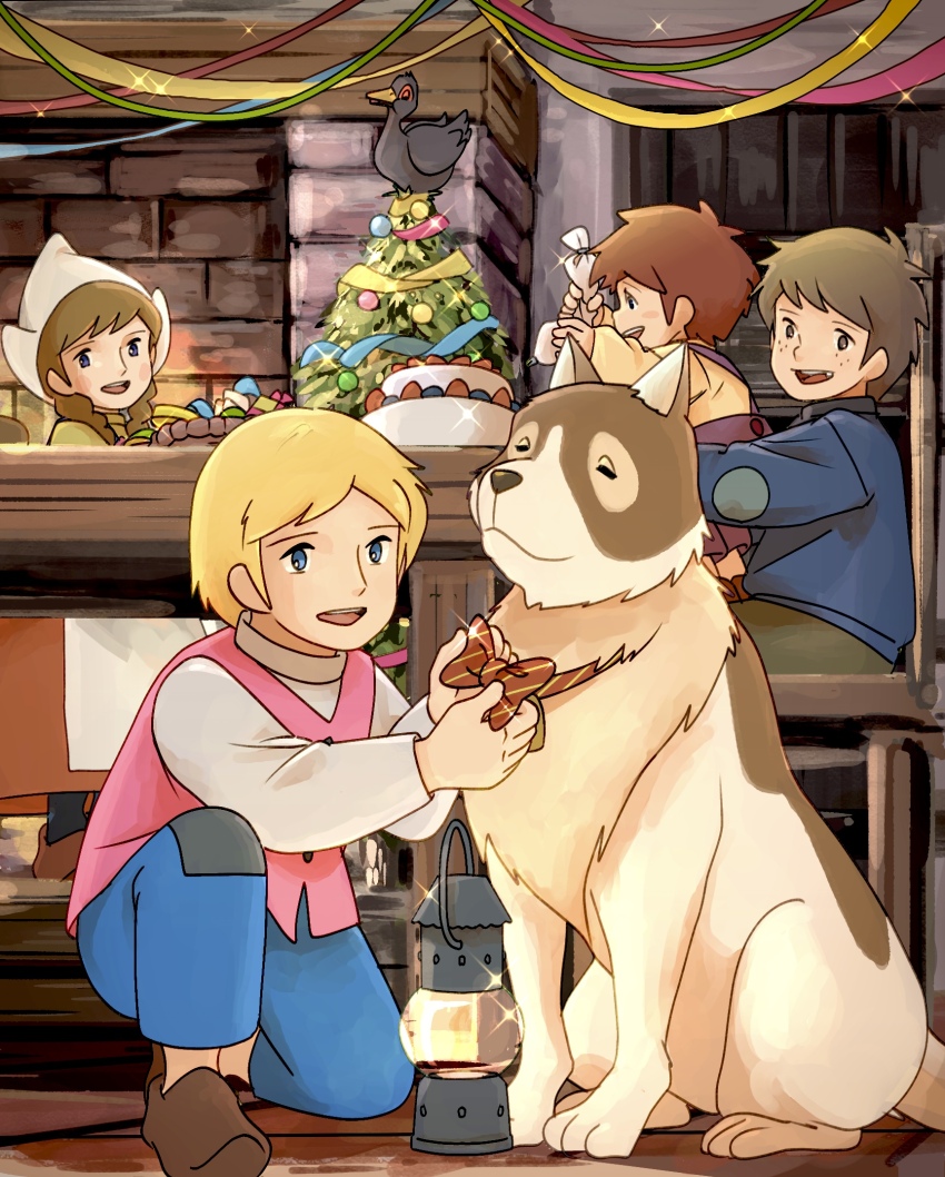 a_dog_of_flanders aloise_cogez animal blonde_hair blue_eyes bow braid brick_wall brown_hair brown_shoes cake child christmas christmas_ornaments christmas_tree dog dress dutch_cap food freckles george_(a_dog_of_flanders) highres indoors lantern nello_(a_dog_of_flanders) open_mouth pants paul_(a_dog_of_flanders) petrasche_(a_dog_of_flanders) pocco1224 shoes short_hair streamers table twin_braids
