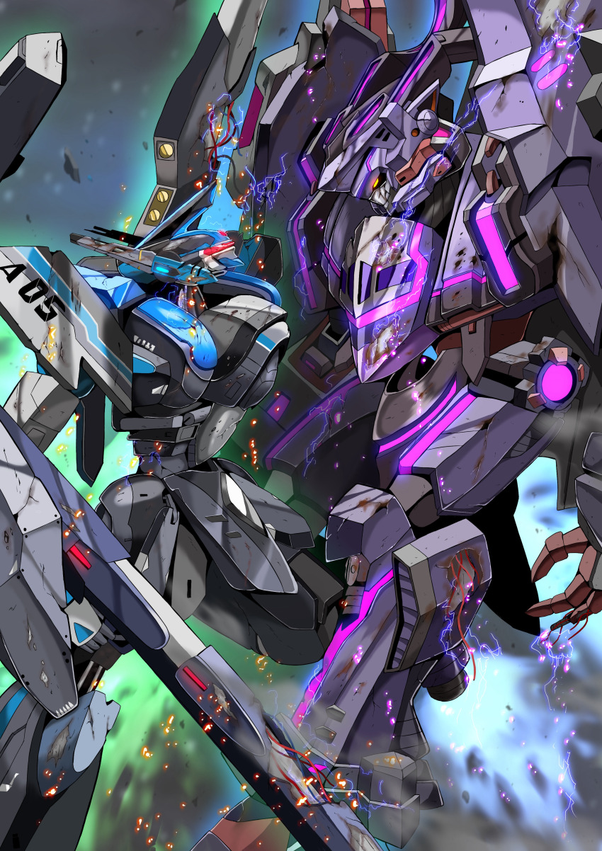absurdres battle battroid character_name commentary_request damaged duel electricity energy glowing gunpod highres macross macross_delta mecha mecha_focus robot sawa_d science_fiction spoilers thrusters vf-31