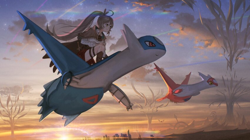1girl 2others advarcher ahoge bare_tree brown_capelet brown_cloak brown_corset brown_ribbon cape capelet cityscape cloak cloud cloudy_sky corset dagger feather_hair_ornament feathers flying gen_3_pokemon hair_ornament highres hololive hololive_english kneehighs knife latias latios legendary_pokemon light_rays long_hair multiple_others nanashi_mumei nanashi_mumei_(1st_costume) nintendo perching pleated_skirt pokemon pokemon_(creature) ponytail rainbow red_skirt ribbon riding riding_pokemon ruins shirt single_kneehigh single_sock skirt sky smile socks star_(sky) starry_sky thigh_strap tree twilight very_long_hair virtual_youtuber weapon white_shirt