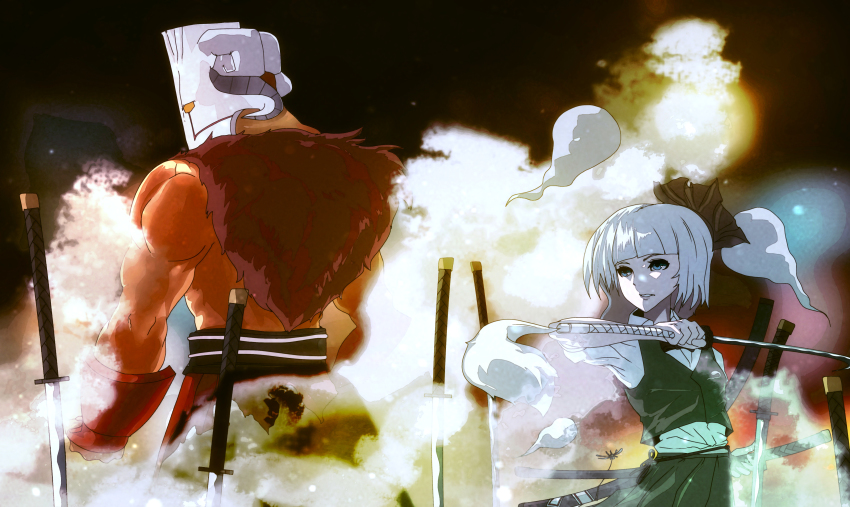 1boy 1girl absurdres back cape crossover dota_(series) dota_2 fur_cape ghost green_eyes green_skirt green_vest headband highres holding holding_sword holding_weapon juggernaut_(dota) katana konpaku_youmu mask sheath sheathed shirt short_hair skirt smoke sword touhou vest weapon white_hair white_shirt