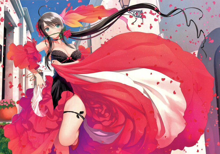 1girl absurdres ahoge armpits bare_legs bare_shoulders black_hair blue_eyes blue_sky bow bracelet breasts building choker cleavage collarbone day dress female_focus flamenco flower foreshortening frilled_dress frills gradient_hair head_tilt highres house jewelry large_breasts layered_dress long_hair looking_at_viewer mouth_hold multicolored_dress multicolored_hair no_socks off-shoulder_dress off_shoulder original petals plant ponytail potted_plant red_bow red_flower red_rose red_shoes rose rose_petals running scan shoes sky solo spanish_clothes strapless strapless_dress tareme tony_taka town traditional_clothes very_long_hair
