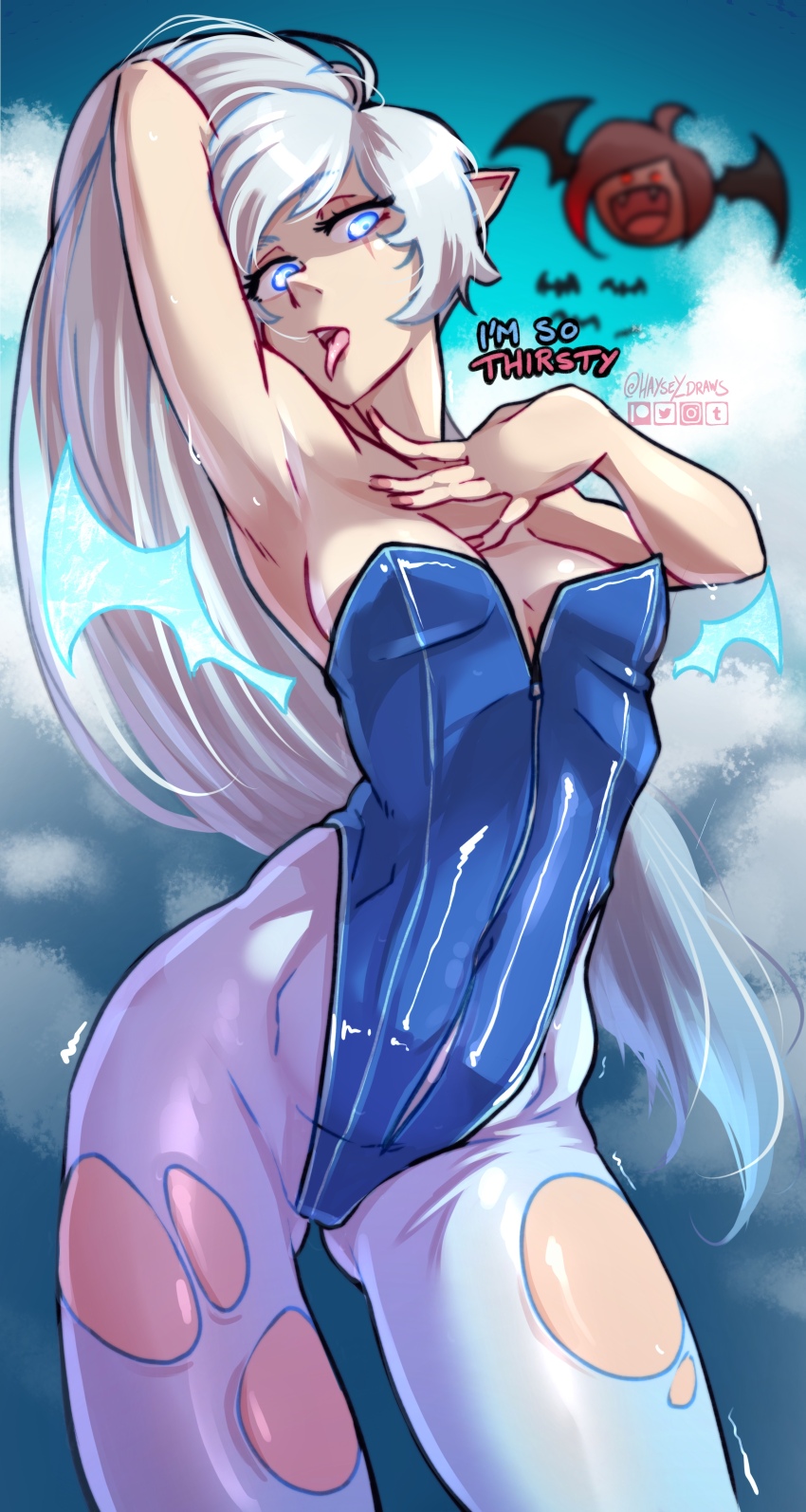 1girl absurdres alternate_costume arm_up armpits bat_(animal) bat_wings blue_eyes blue_leotard blue_sky breasts haysey highres leotard long_hair looking_at_viewer low_wings open_mouth pantyhose ponytail rwby scar scar_across_eye scar_on_face sky small_breasts solo tongue tongue_out torn_clothes torn_pantyhose very_long_hair weiss_schnee white_pantyhose wings