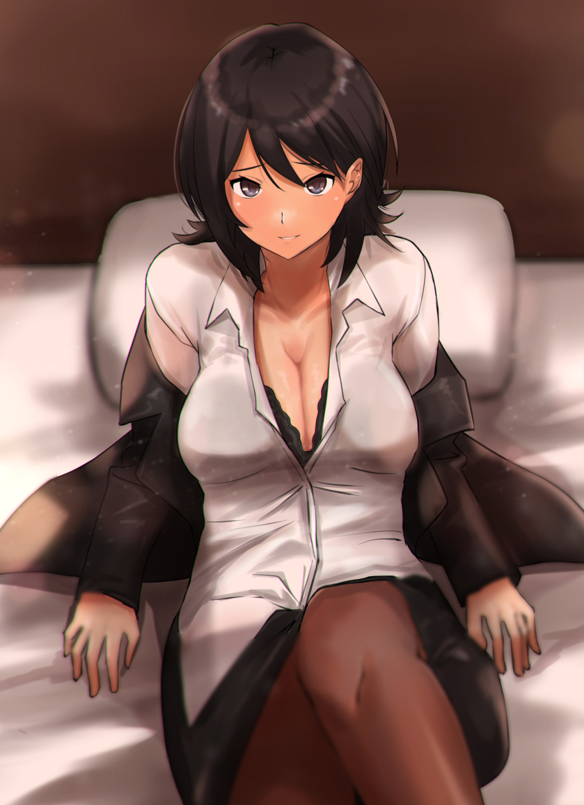 1girl amagami arm_support black_bra black_hair black_jacket black_pantyhose bra breasts cleavage commentary hashtag-only_commentary highres jacket lace lace-trimmed_bra lace_trim looking_at_viewer on_bed pantyhose partially_unbuttoned pillow shirt short_hair solo takahashi_maya underwear white_shirt yoo_tenchi