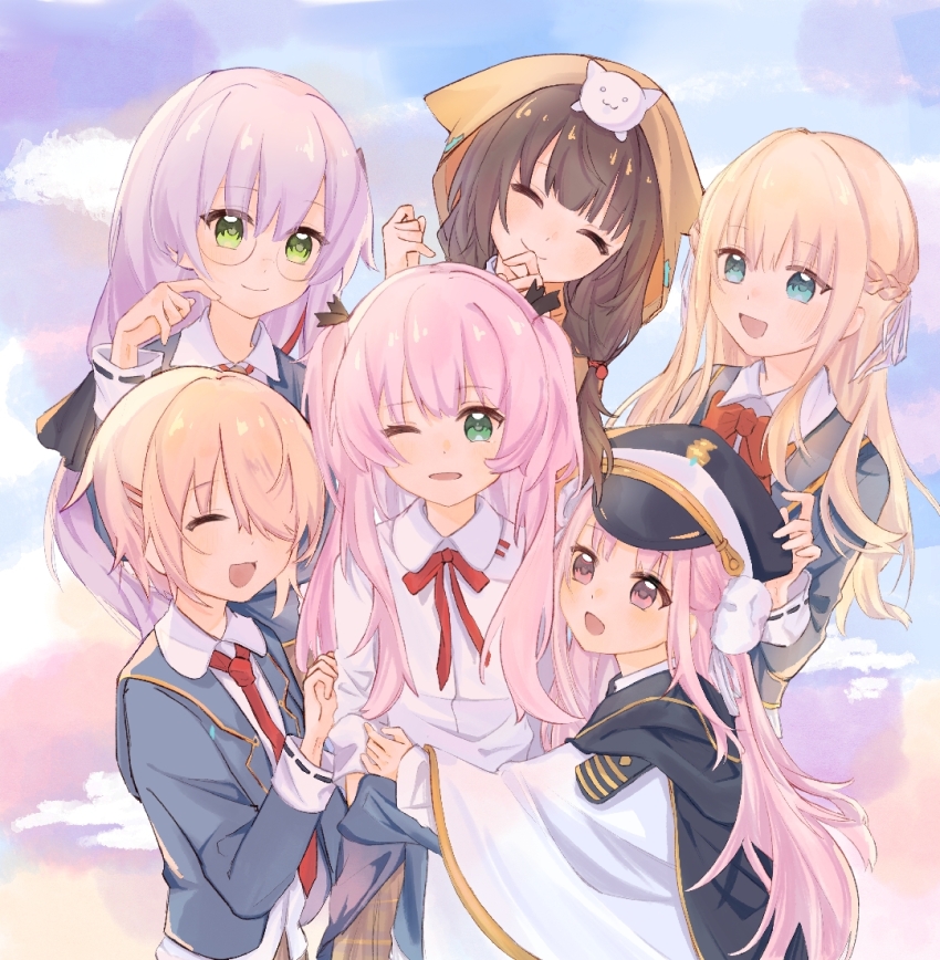 6+girls aikawa_megumi asakura_karen_(heaven_burns_red) black_hair blonde_hair blue_jacket bow braid double_bun glasses green_eyes grey_hair hair_bun hair_ornament hair_over_one_eye hair_over_shoulder hair_ribbon hairclip half_up_braid hat heaven_burns_red hood hood_up hooded_jacket izumi_yuki_(heaven_burns_red) jacket kayamori_ruka kunimi_tama long_hair long_sleeves military_hat multiple_girls necktie pink_eyes pink_hair red_bow red_eyes red_necktie ribbon round_eyewear shirt short_hair shuangli team_31a_(heaven_burns_red) toujou_tsukasa two_side_up white_ribbon white_shirt
