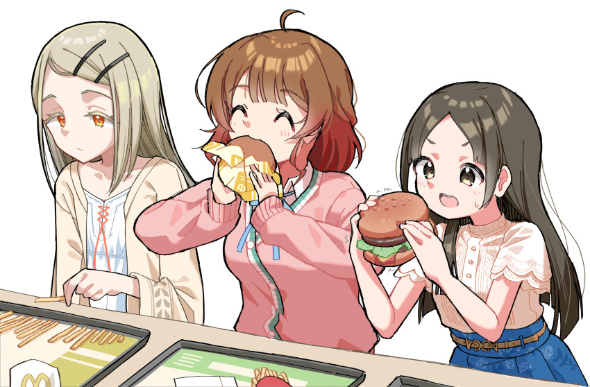 3girls ahoge black_hair blonde_hair brown_hair burger cardigan chipushishi colored_eyelashes commentary_request eating food french_fries gakuen_idolmaster gradient_hair hair_ornament hairclip hanami_ume highres holding holding_burger holding_food idolmaster kuramoto_china long_hair long_sleeves multicolored_hair multiple_girls neck_ribbon orange_eyes red_hair ribbon shinosawa_hiro shirt_tucked_in short_sleeves tray yellow_eyes