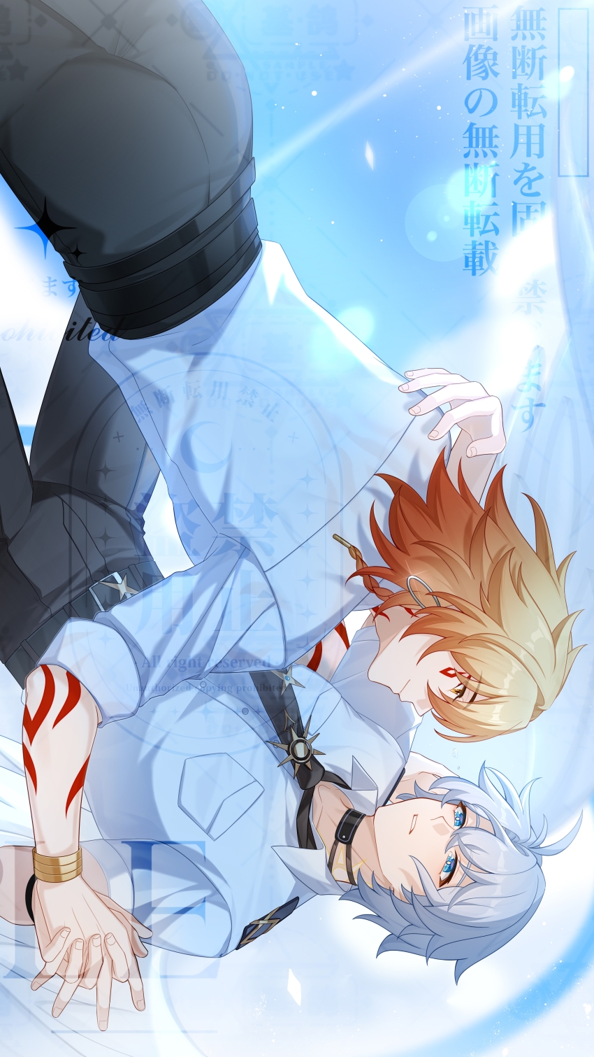 2boys absurdres antenna_hair arm_tattoo black_choker black_necktie blonde_hair blue_eyes blue_sky braid chinese_commentary choker commentary_request facial_tattoo gradient_hair highres honkai:_star_rail honkai_(series) jigebuge male_focus medium_hair multicolored_hair multiple_boys mydei_(honkai:_star_rail) neck_tattoo necktie parted_bangs phainon_(honkai:_star_rail) red_hair red_tattoo shirt short_hair side_braid sky sleeves_rolled_up sun_symbol sun_tattoo tan tattoo watermark white_hair white_shirt yaoi yellow_eyes