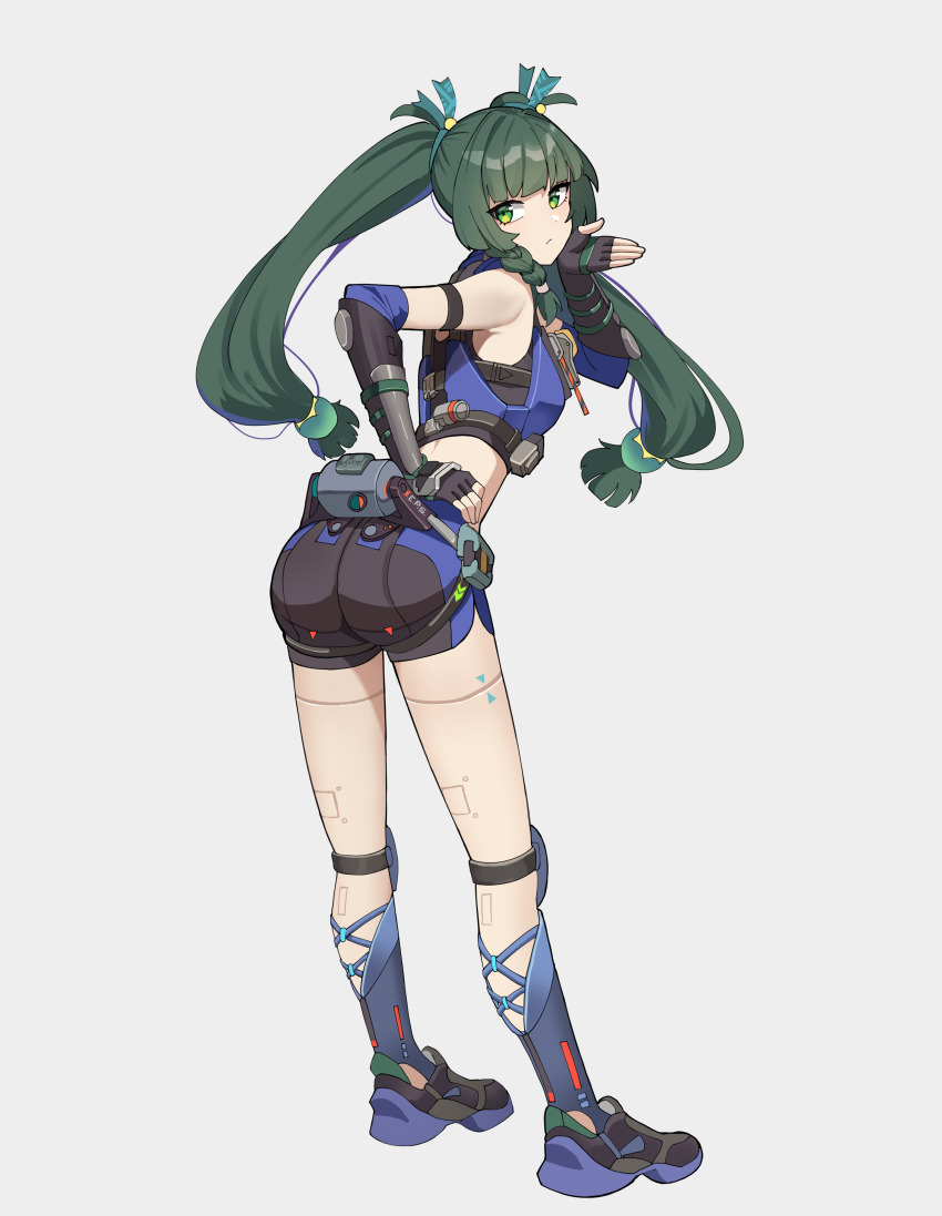 1girl absurdres android ass black_gloves black_shoes black_shorts blue_socks braid breasts closed_mouth commentary elbow_gloves fingerless_gloves full_body gar32 gloves green_eyes green_hair grey_background hand_on_own_hip highres leaning_forward long_hair looking_at_viewer looking_back qingyi_(zenless_zone_zero) shoes short_shorts shorts simple_background single_braid small_breasts socks solo standing twintails very_long_hair zenless_zone_zero