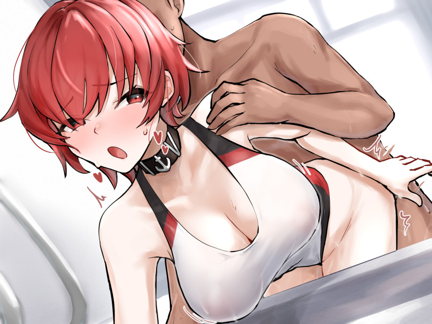 1boy 1girl anchor_choker azur_lane bent_over black_choker blush bouncing_breasts breasts choker cleavage clothed_female_nude_male commission competition_swimsuit covered_erect_nipples grabbing_another&#039;s_shoulder half-closed_eyes heart hetero highres large_breasts moaning motion_lines nude one-piece_swimsuit open_mouth pixiv_commission poolside red_eyes red_hair sex sex_from_behind short_hair swimsuit twitching weser_(azur_lane) weser_(wave-washed_paradise)_(azur_lane) wet white_one-piece_swimsuit yukinko_roshi