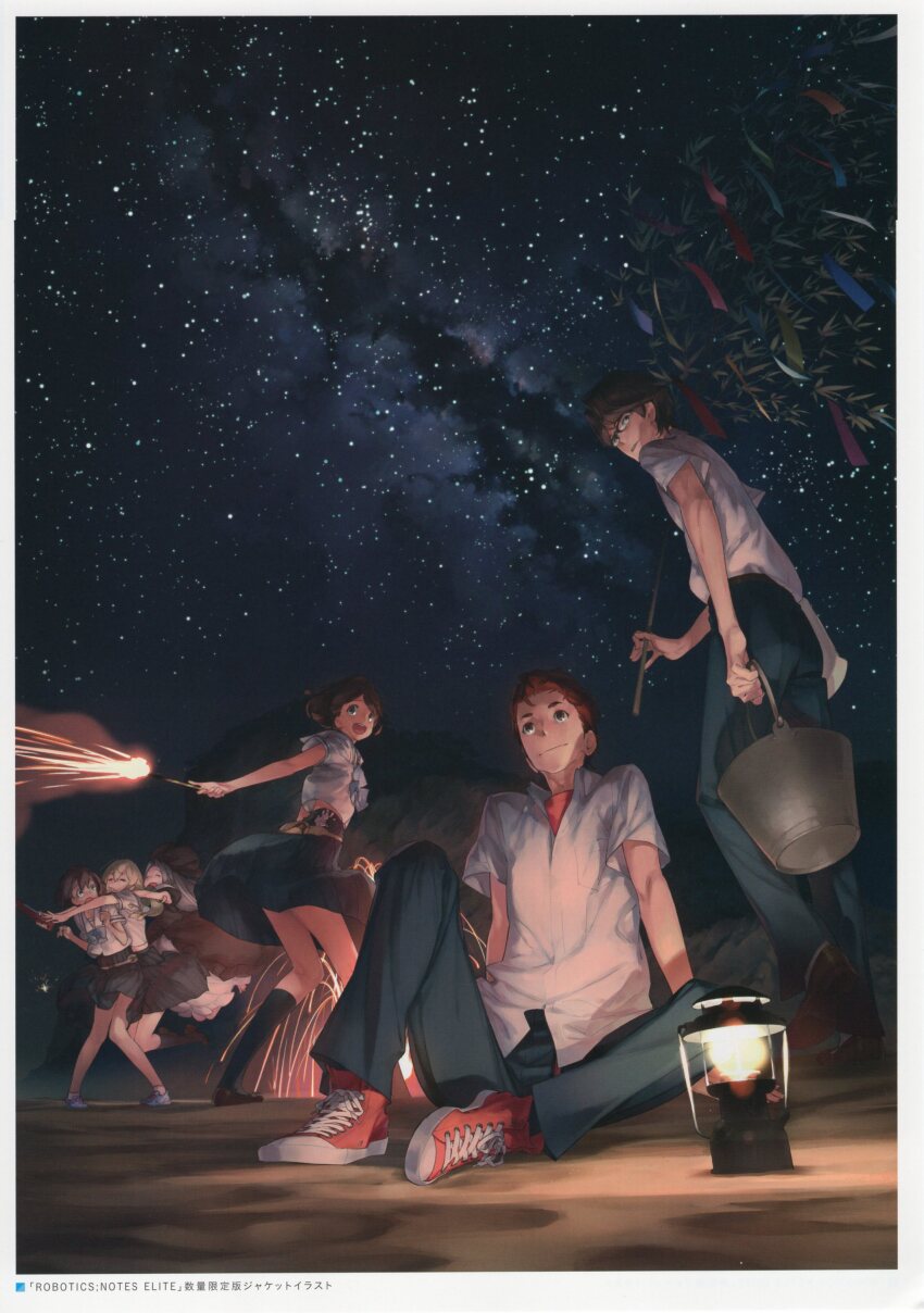 2boys 4girls absurdres airi_(robotics;notes) arm_behind_back back_peek beach blonde_hair blue_pants blue_skirt blue_socks bow bowtie breasts brown_eyes brown_hair bucket chest_bow chuo_tanegashima_high_school_uniform cliff closed_eyes clothes_lift collared_shirt crop_top daitoku_junna ears_visible_through_hair festival fireworks fukuda_tomonori glasses group_hug hidaka_subaru highres holding holding_bucket holding_fireworks holding_stick hug koujiro_frau lantern leather_belt light_particles loafers long_hair looking_back looking_up milky_way multiple_boys multiple_girls night non-web_source official_art open_collar open_mouth outdoors pants pleated_skirt red_eyes red_hair red_shirt red_shoes ribbon robotics;notes sailor_collar sand school_uniform senomiya_akiho serafuku shirt shoelaces shoes short_hair short_sleeves sitting skirt skirt_lift sky small_breasts smile sneakers socks sparkler star_(sky) starry_sky stick surprised t-shirt tanabata tanzaku thighs twintails white_sailor_collar white_shirt wrench yashio_kaito