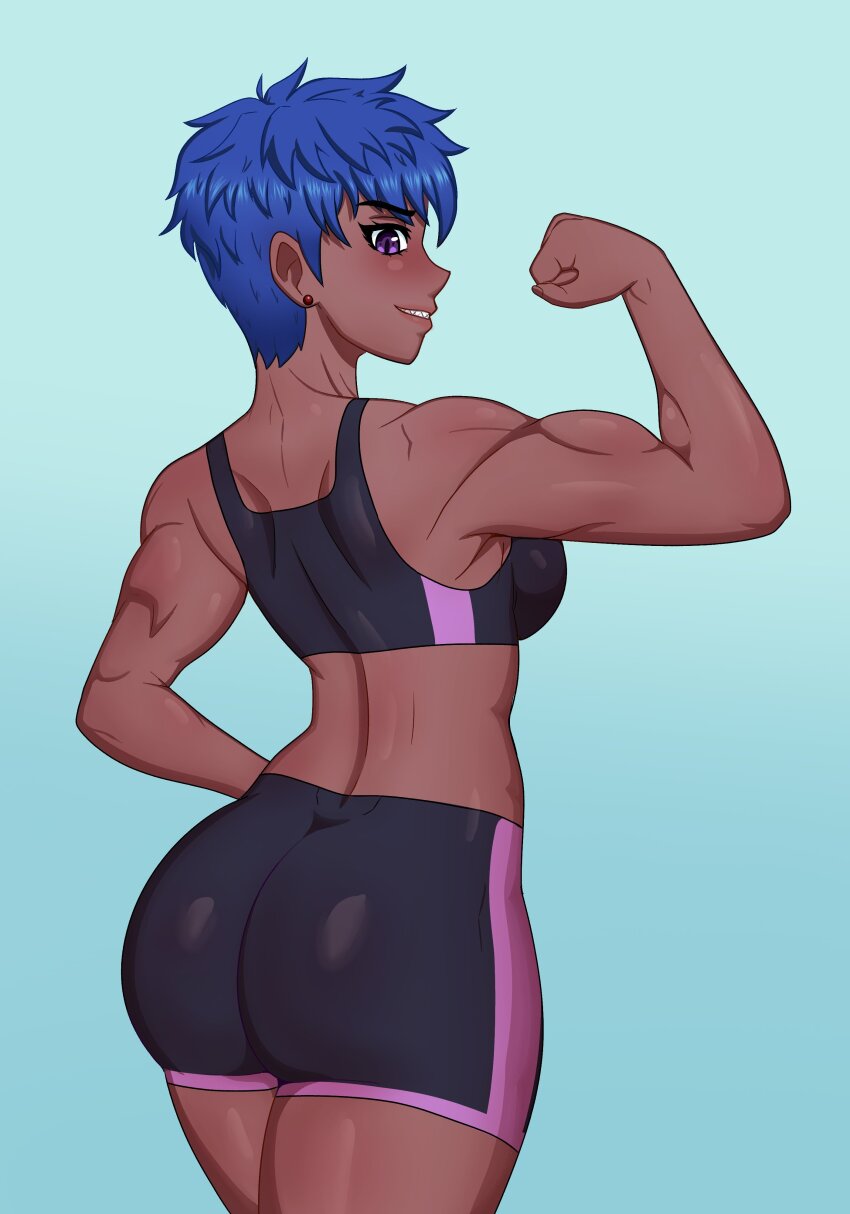 1girl absurdres ass biceps black_shorts black_sports_bra blue_hair borrowed_character breasts clenched_hand commentary cowboy_shot dark-skinned_female dark_skin deltoids dimples_of_venus earrings english_commentary flexing from_behind highres jewelry large_breasts looking_back ludinsketches muscular muscular_female original parted_lips purple_eyes sharp_teeth short_hair short_shorts shorts smile solo sports_bra teeth triceps very_dark_skin zoraida_(nyantcha)