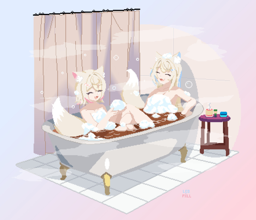 2girls absurdres animal_ear_fluff animal_ears bath blonde_hair blue_hair breasts bubble_bath cleavage closed_eyes collar convenient_censoring dog_ears dog_girl dog_tail fuwawa_abyssgard hair_ornament headband highres hololive hololive_english indoors leopxl long_hair medium_breasts mococo_abyssgard multicolored_hair multiple_girls nude open_mouth pink_hair pink_headband pixel_art short_hair siblings sisters smile sprite streaked_hair tail twins virtual_youtuber