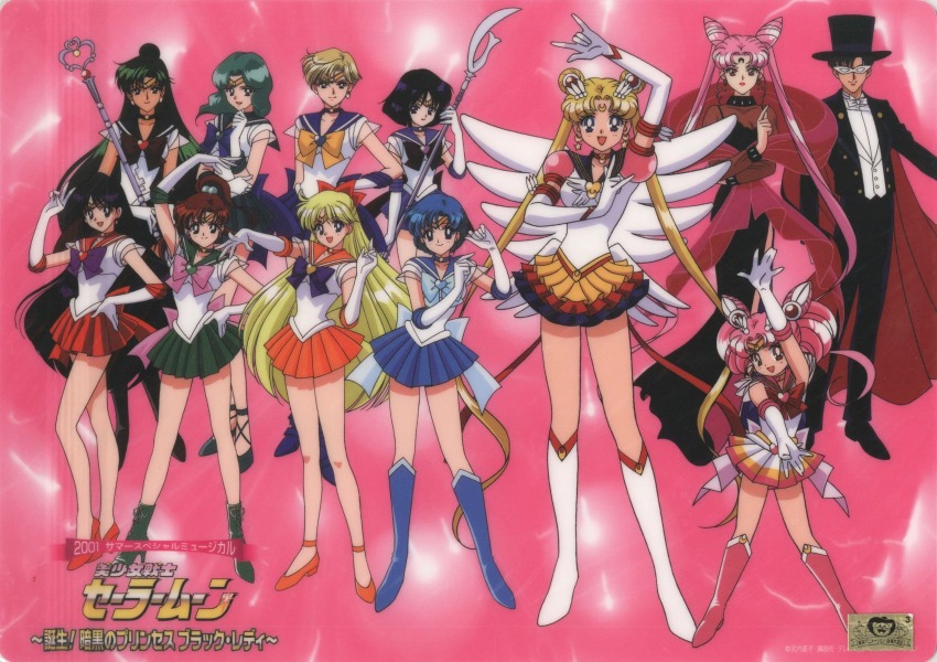 1boy 2001 6+girls aged_up aino_minako ankle_boots aqua_hair arm_up back_bow bishoujo_senshi_sailor_moon bishoujo_senshi_sailor_moon_r bishoujo_senshi_sailor_moon_stars black_choker black_dress black_hair black_hat black_lady_(sailor_moon) black_pants black_sailor_collar black_skirt blonde_hair blue_bow blue_choker blue_eyes blue_footwear blue_hair blue_sailor_collar blue_skirt boots bow bowtie brooch brown_bow brown_hair cape chiba_mamoru chibi_usa choker circlet cone_hair_bun crescent crescent_facial_mark cure_happy_pose dated double_bun dress elbow_gloves eternal_sailor_moon everyone facial_mark forehead_mark full_body garnet_rod gloves green_choker green_eyes green_footwear green_hair green_sailor_collar green_skirt hair_bobbles hair_bow hair_bun hair_ornament hairpin hand_on_own_hip hat heart heart_brooch heart_choker high_heels high_ponytail highres hino_rei holding holding_polearm holding_staff holding_weapon jewelry kaiou_michiru kino_makoto knee_boots layered_skirt legs_apart long_hair m/ magical_girl mask medium_hair meiou_setsuna miniskirt mizuno_ami multicolored_skirt multiple_girls official_art orange_choker orange_sailor_collar orange_shoes orange_skirt pants pink_background pink_boots pink_bow pink_hair pink_sailor_collar pleated_skirt polearm ponytail puffy_sleeves purple_bow purple_sailor_collar purple_skirt red_bow red_choker red_eyes red_footwear red_sailor_collar red_sash red_skirt sailor_chibi_moon sailor_collar sailor_jupiter sailor_mars sailor_mercury sailor_moon sailor_neptune sailor_pluto sailor_saturn sailor_senshi sailor_senshi_uniform sailor_uranus sailor_venus sash scan shoes short_hair sidelocks silence_glaive single_hair_bun skirt staff standing star_(symbol) star_choker super_sailor_chibi_moon super_sailor_jupiter super_sailor_mars super_sailor_mercury super_sailor_neptune super_sailor_pluto super_sailor_saturn super_sailor_uranus super_sailor_venus tamegai_katsumi ten&#039;ou_haruka toei_animation tomoe_hotaru top_hat tsukino_usagi tuxedo tuxedo_kamen twintails very_short_hair wavy_hair weapon white_bow white_bowtie white_footwear white_gloves white_wings wings yellow_bow yellow_choker yellow_skirt