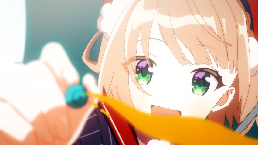 1girl :d beret blonde_hair blunt_ends blurry blurry_foreground commentary_request dot_nose drawing_on_fourth_wall eyes_visible_through_hair fingernails green_eyes hair_ornament hair_rings hat highres holding holding_stylus indie_virtual_youtuber jacket looking_at_viewer official_art open_mouth pinstripe_jacket pinstripe_pattern pom_pom_(clothes) pom_pom_hair_ornament portrait pris-magic! purple_jacket red_hat red_sailor_collar sailor_collar shigure_ui shigure_ui_(vtuber) shigure_ui_(vtuber)_(1st_costume) smile solo stylus video_thumbnail virtual_youtuber wind