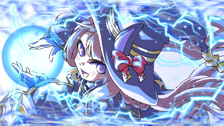 1girl animal_ears blush breasts brown_hair commentary_request electricity hair_between_eyes hair_ornament hair_rings hat highres horse_ears horse_girl long_hair looking_at_viewer magic portrait ribbon solo sweep_tosho_(umamusume) twintails umamusume witch_hat zukki_(bijitaru)