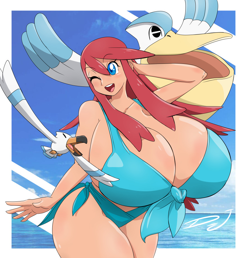 1girl absurdres beak bikini blue_eyes blue_sky breasts cloud dark-skinned_female dark_skin gen_3_pokemon gigantic_breasts hand_on_own_face highres inkbooba long_hair nintendo one_eye_closed pelipper pokemon pokemon_bw red_hair sky skyla_(pokemon) swimsuit water wings wingull wink