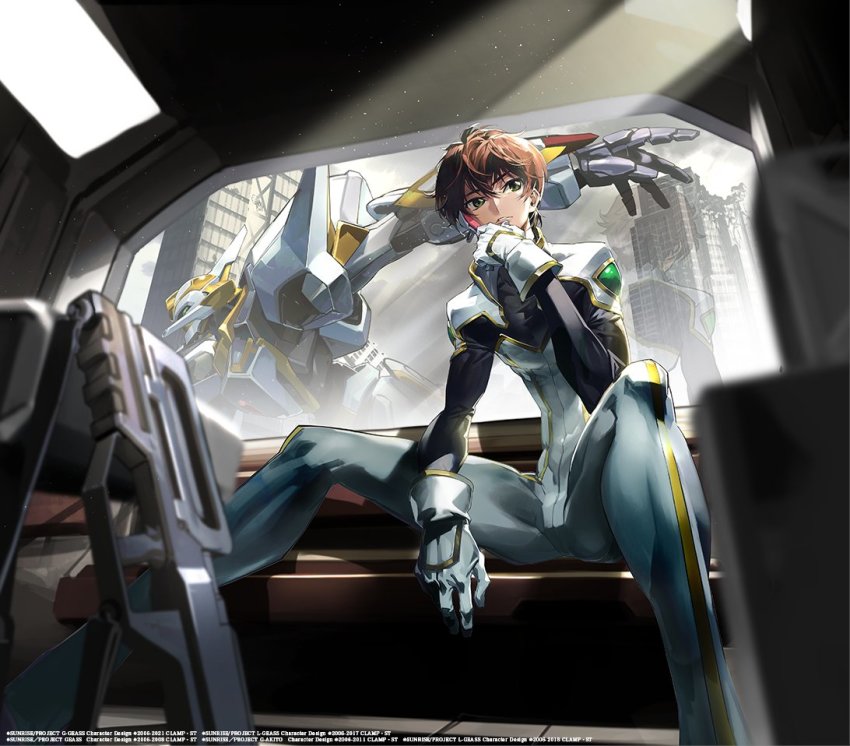 1boy brown_hair code_geass code_geass:_genesic_re;code gloves green_eyes gun hair_behind_ear knightmare_frame kururugi_suzaku lancelot_(code_geass) lancelot_z-01 leaning_forward male_focus official_art open_hand pilot_suit science sitting skin_tight solo_focus submachine_gun vehicle_interior weapon white_gloves whoopin