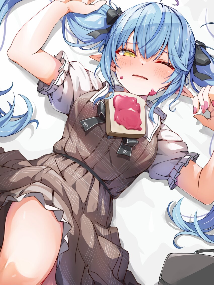 1girl absurdres ahoge arm_up bag black_bow black_bowtie black_ribbon blue_hair blush bow bowtie bread bread_slice breasts brown_dress double-parted_bangs dress fallen_down feet_out_of_frame food food_on_clothes food_on_face hair_between_eyes hair_ribbon hand_up heart heart_ahoge highres hololive jam knee_up large_breasts long_hair lying multicolored_hair official_alternate_costume official_alternate_hairstyle on_back one_eye_closed open_mouth pinafore_dress pink_nails plaid_clothes plaid_dress pleated_dress pointy_ears puffy_short_sleeves puffy_sleeves ribbon sailor_collar sailor_shirt school_bag shirt short_sleeves simple_background sleeveless sleeveless_dress solo streaked_hair tmo-cat twintails virtual_youtuber wavy_mouth white_background white_sailor_collar white_shirt yellow_eyes yukihana_lamy yukihana_lamy_(casual)