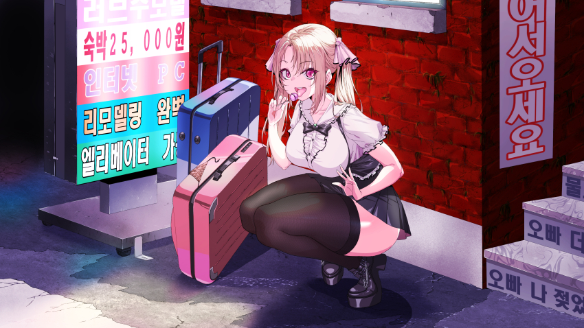 1girl absurdres animal_print black_skirt black_thighhighs brown_hair candy food frilled_shirt frilled_shirt_collar frilled_sleeves frills hair_ribbon highres holding holding_candy holding_food holding_lollipop korean_text lollipop long_hair looking_at_viewer original outdoors panties pink_eyes pleated_skirt rantia ribbon rolling_suitcase shirt short_sleeves side-tie_panties sidelocks sign skirt squatting stairs suitcase teeth thighhighs thighs tongue tongue_out underwear unworn_panties upper_teeth_only white_shirt