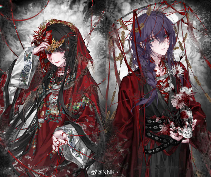 1boy 1girl above_cleavage_cutout absurdres aoqun architecture black_hair blood blood_on_clothes blood_on_face blood_on_hands blunt_bangs braid changmingsuo chinese_clothes chinese_wedding coin coin_on_string cowboy_shot east_asian_architecture flower green_eyes hanfu headpiece highres holding holding_skull holed_coin honggaitou jade_(gemstone) long_hair long_sleeves looking_at_viewer lotus makeup nnk_(nongnong) original purple_hair red_hanfu single_braid skull skullcap string string_around_finger string_of_fate tassel tassel-trimmed_capelet see-through_headwear wedding weimao white_flower white_lotus yaopei