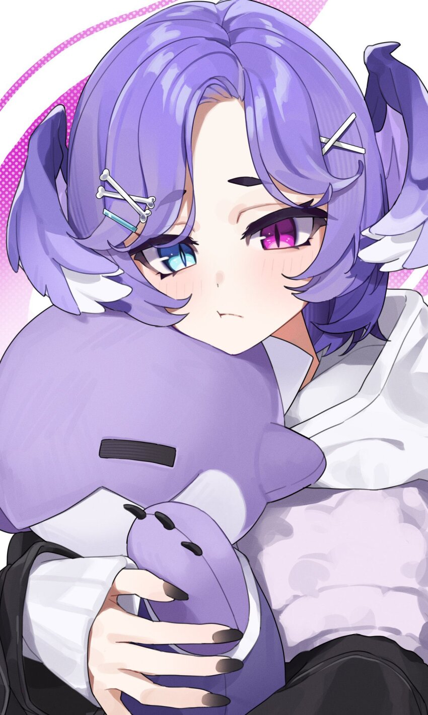 1girl black_nails blue_eyes bone_hair_ornament d4kou16 dragoon_(selen_tatsuki) hair_ornament head_wings heterochromia highres hood hoodie nijisanji nijisanji_en official_alternate_costume purple_eyes purple_hair purple_wings selen_tatsuki selen_tatsuki_(3rd_costume) short_hair solo stuffed_animal stuffed_dragon stuffed_toy virtual_youtuber white_hoodie wings x_hair_ornament