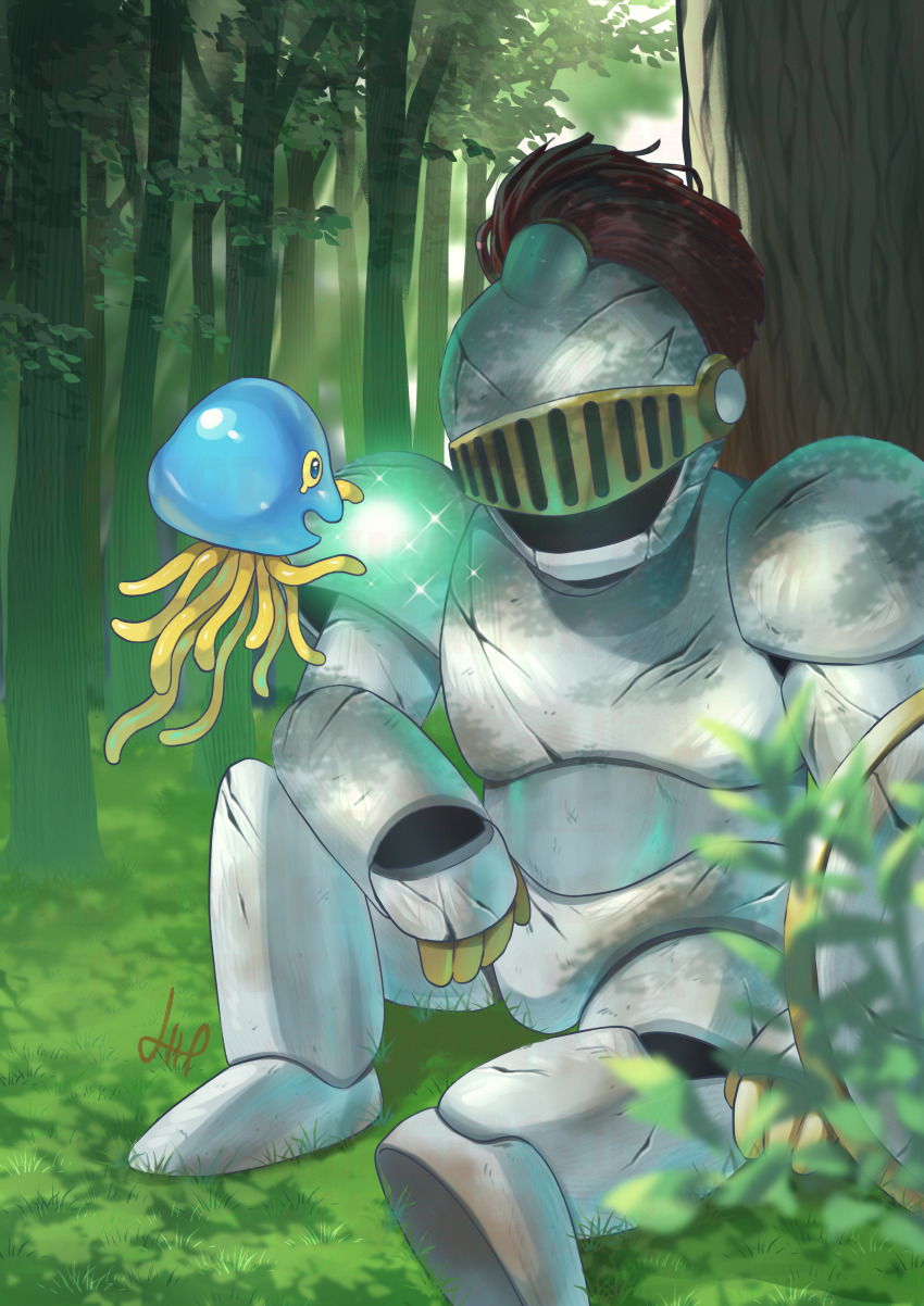 absurdres against_tree blurry commentary_request cracked_armor creature creature_focus depth_of_field dragon_quest forest grass healing healslime highres igarashimw knight magic monster nature no_humans open_mouth outdoors plume restless_armour sitting smile tears tree